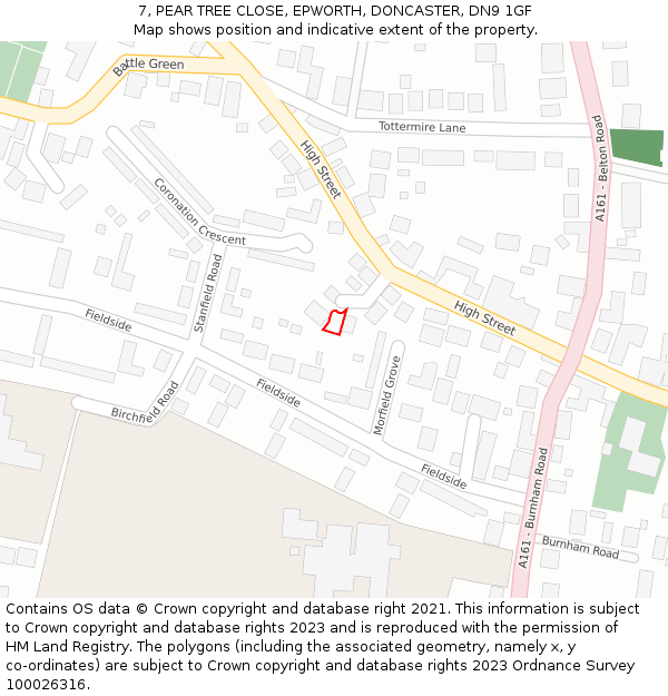 7, PEAR TREE CLOSE, EPWORTH, DONCASTER, DN9 1GF: Location map and indicative extent of plot