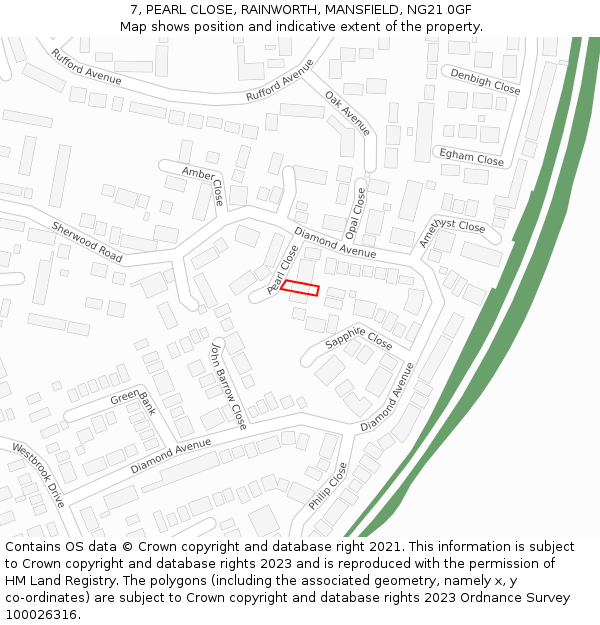 7, PEARL CLOSE, RAINWORTH, MANSFIELD, NG21 0GF: Location map and indicative extent of plot