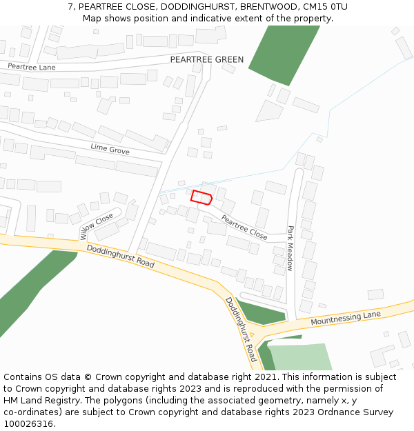 7, PEARTREE CLOSE, DODDINGHURST, BRENTWOOD, CM15 0TU: Location map and indicative extent of plot