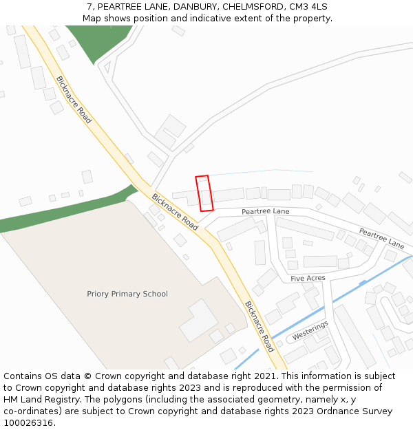 7, PEARTREE LANE, DANBURY, CHELMSFORD, CM3 4LS: Location map and indicative extent of plot