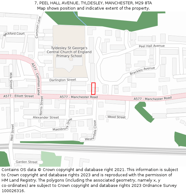 7, PEEL HALL AVENUE, TYLDESLEY, MANCHESTER, M29 8TA: Location map and indicative extent of plot