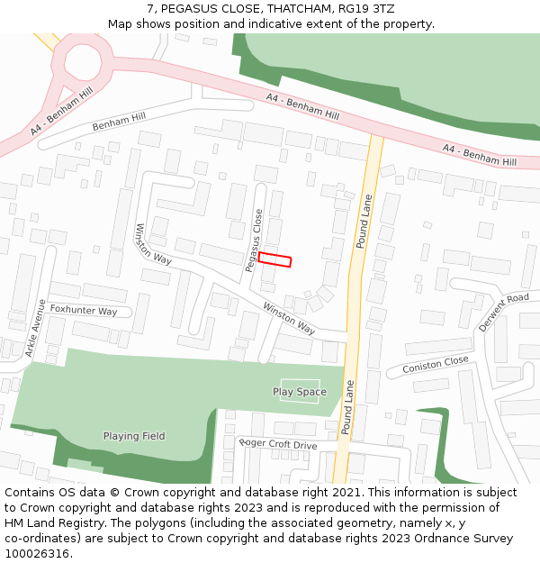 7, PEGASUS CLOSE, THATCHAM, RG19 3TZ: Location map and indicative extent of plot