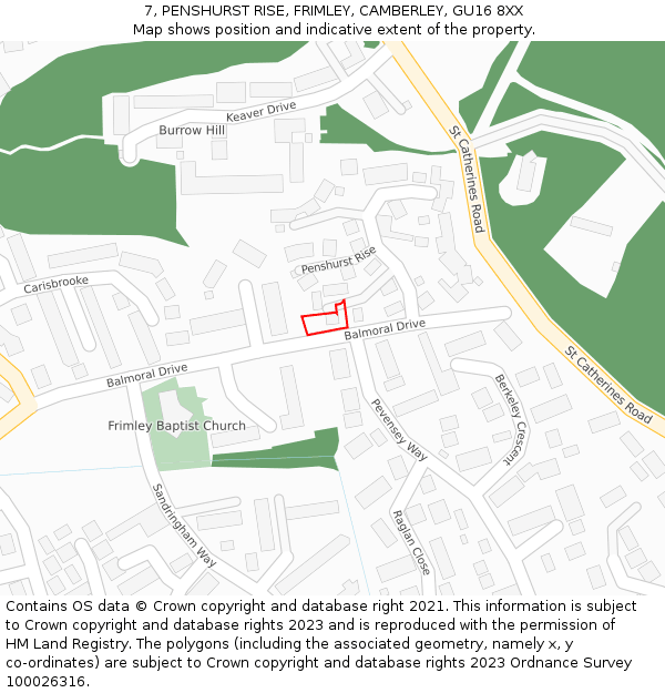 7, PENSHURST RISE, FRIMLEY, CAMBERLEY, GU16 8XX: Location map and indicative extent of plot