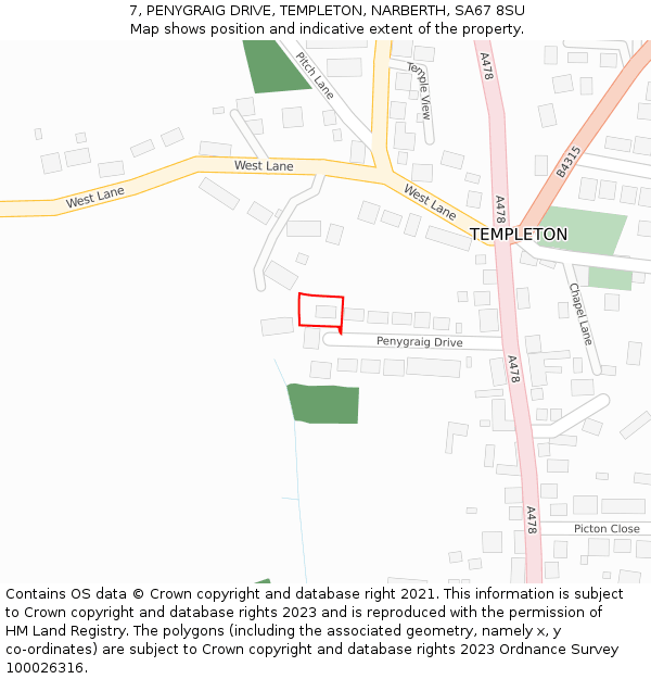 7, PENYGRAIG DRIVE, TEMPLETON, NARBERTH, SA67 8SU: Location map and indicative extent of plot