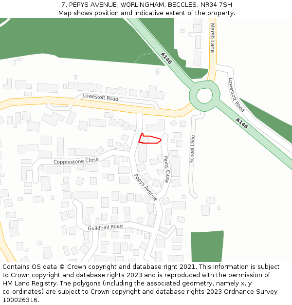 7, PEPYS AVENUE, WORLINGHAM, BECCLES, NR34 7SH: Location map and indicative extent of plot