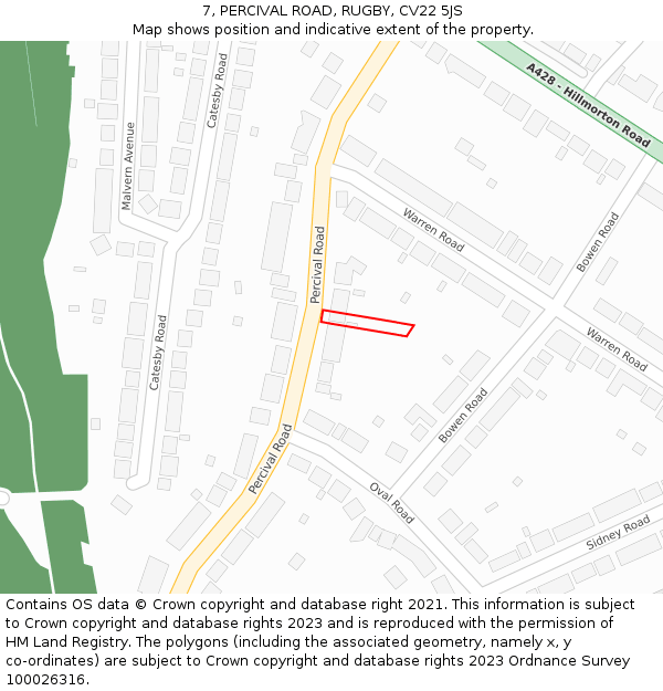 7, PERCIVAL ROAD, RUGBY, CV22 5JS: Location map and indicative extent of plot