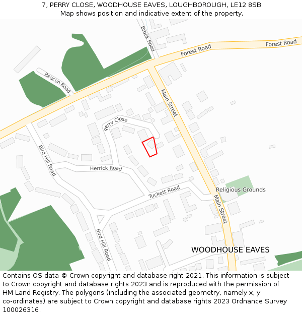 7, PERRY CLOSE, WOODHOUSE EAVES, LOUGHBOROUGH, LE12 8SB: Location map and indicative extent of plot