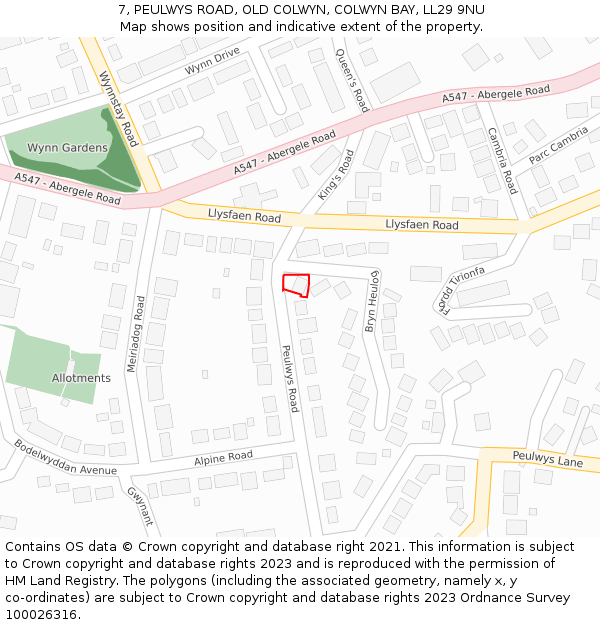 7, PEULWYS ROAD, OLD COLWYN, COLWYN BAY, LL29 9NU: Location map and indicative extent of plot