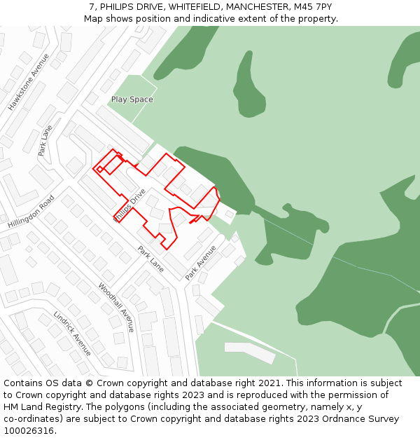 7, PHILIPS DRIVE, WHITEFIELD, MANCHESTER, M45 7PY: Location map and indicative extent of plot