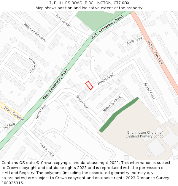 7, PHILLIPS ROAD, BIRCHINGTON, CT7 0BX: Location map and indicative extent of plot