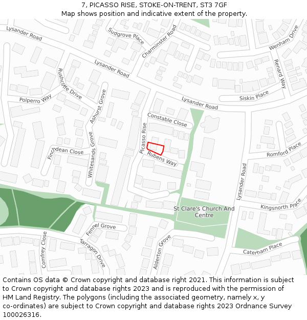 7, PICASSO RISE, STOKE-ON-TRENT, ST3 7GF: Location map and indicative extent of plot