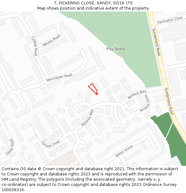 7, PICKERING CLOSE, SANDY, SG19 1TS: Location map and indicative extent of plot