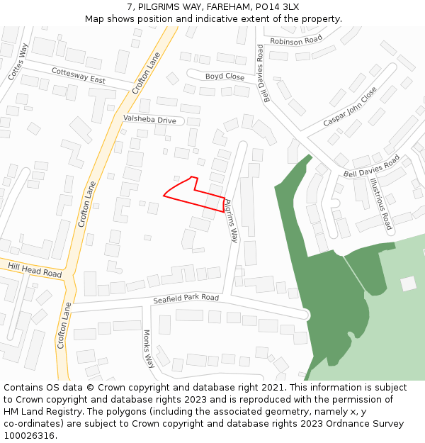 7, PILGRIMS WAY, FAREHAM, PO14 3LX: Location map and indicative extent of plot