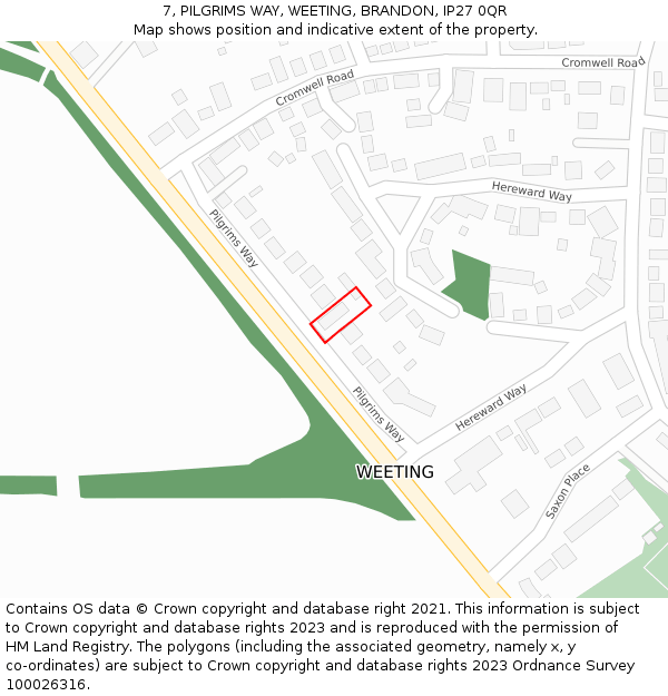 7, PILGRIMS WAY, WEETING, BRANDON, IP27 0QR: Location map and indicative extent of plot