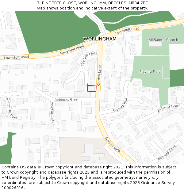 7, PINE TREE CLOSE, WORLINGHAM, BECCLES, NR34 7EE: Location map and indicative extent of plot