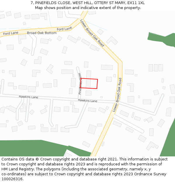 7, PINEFIELDS CLOSE, WEST HILL, OTTERY ST MARY, EX11 1XL: Location map and indicative extent of plot