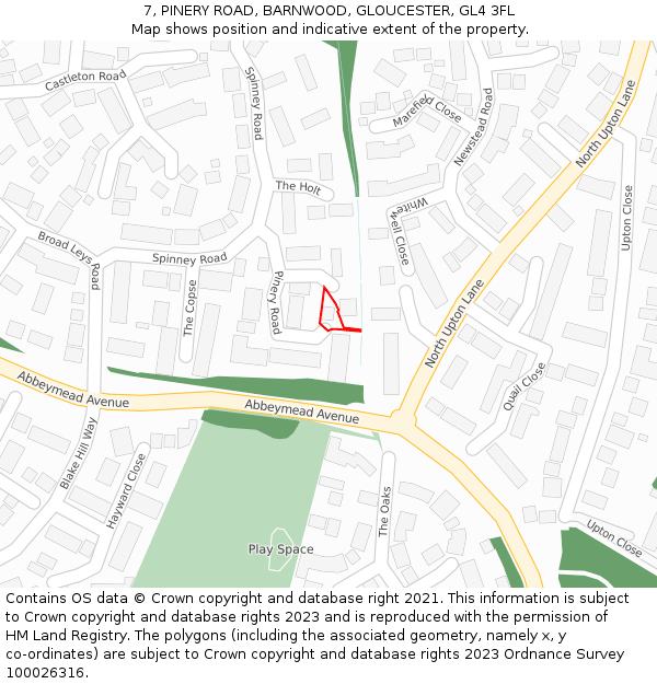 7, PINERY ROAD, BARNWOOD, GLOUCESTER, GL4 3FL: Location map and indicative extent of plot
