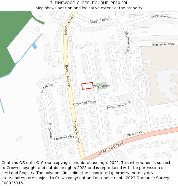 7, PINEWOOD CLOSE, BOURNE, PE10 9RL: Location map and indicative extent of plot