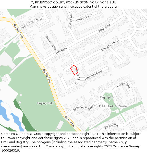 7, PINEWOOD COURT, POCKLINGTON, YORK, YO42 2UU: Location map and indicative extent of plot