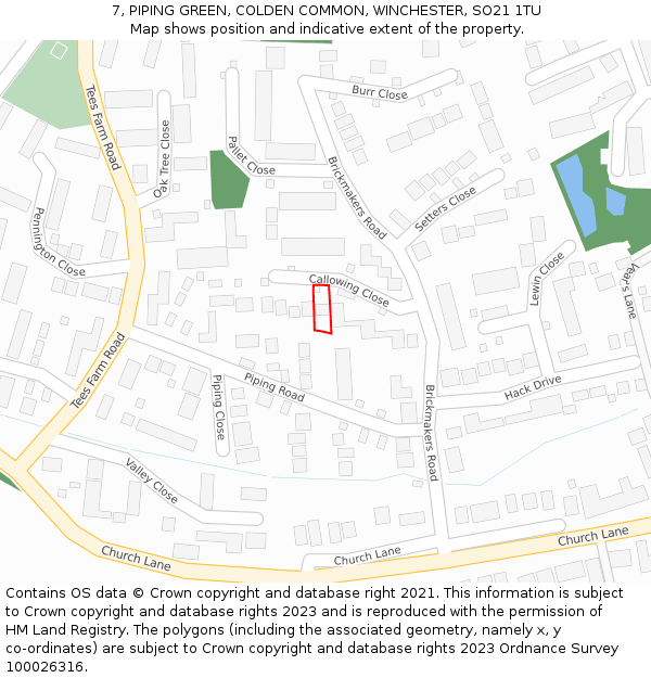 7, PIPING GREEN, COLDEN COMMON, WINCHESTER, SO21 1TU: Location map and indicative extent of plot