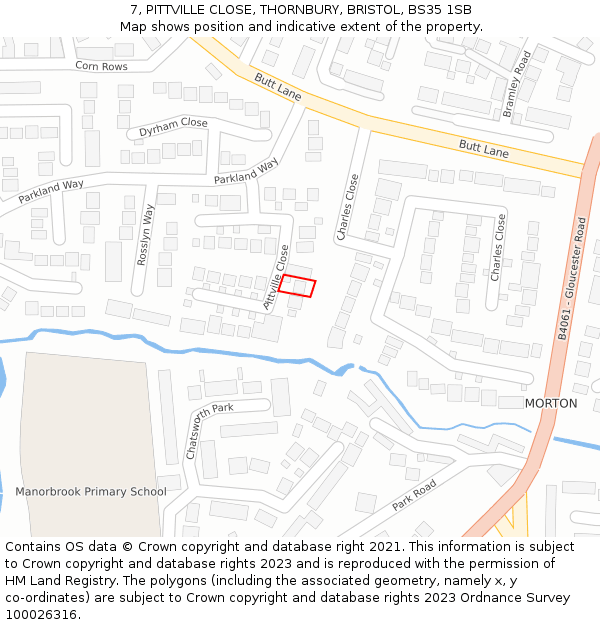 7, PITTVILLE CLOSE, THORNBURY, BRISTOL, BS35 1SB: Location map and indicative extent of plot