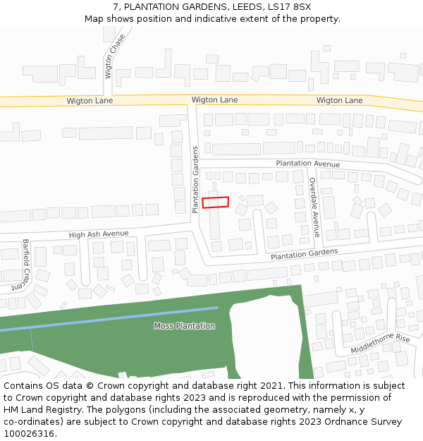 7, PLANTATION GARDENS, LEEDS, LS17 8SX: Location map and indicative extent of plot