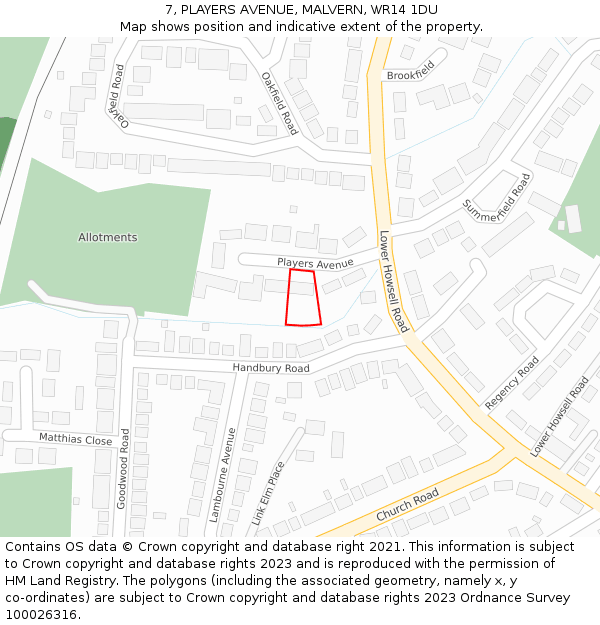 7, PLAYERS AVENUE, MALVERN, WR14 1DU: Location map and indicative extent of plot