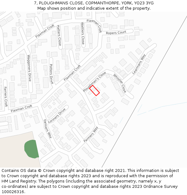 7, PLOUGHMANS CLOSE, COPMANTHORPE, YORK, YO23 3YG: Location map and indicative extent of plot