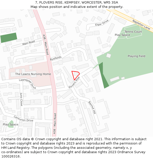 7, PLOVERS RISE, KEMPSEY, WORCESTER, WR5 3SA: Location map and indicative extent of plot