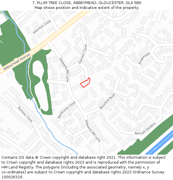 7, PLUM TREE CLOSE, ABBEYMEAD, GLOUCESTER, GL4 5BX: Location map and indicative extent of plot