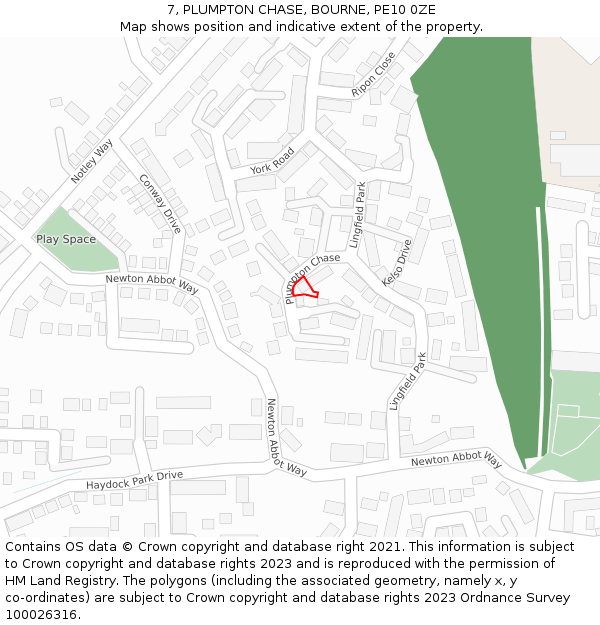 7, PLUMPTON CHASE, BOURNE, PE10 0ZE: Location map and indicative extent of plot