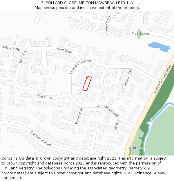 7, POLLARD CLOSE, MELTON MOWBRAY, LE13 1UY: Location map and indicative extent of plot