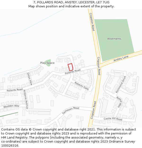 7, POLLARDS ROAD, ANSTEY, LEICESTER, LE7 7UG: Location map and indicative extent of plot