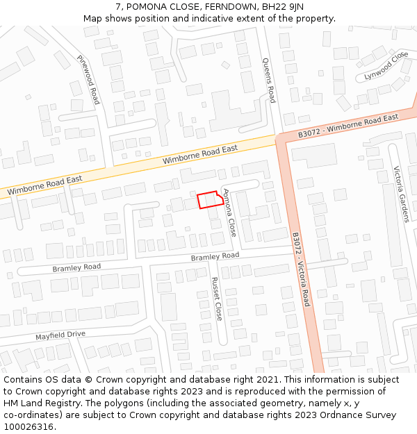 7, POMONA CLOSE, FERNDOWN, BH22 9JN: Location map and indicative extent of plot