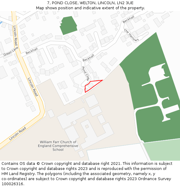 7, POND CLOSE, WELTON, LINCOLN, LN2 3UE: Location map and indicative extent of plot