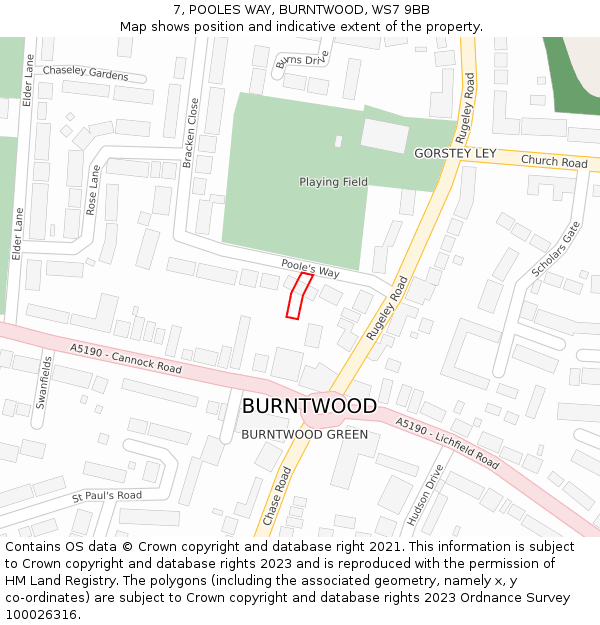 7, POOLES WAY, BURNTWOOD, WS7 9BB: Location map and indicative extent of plot
