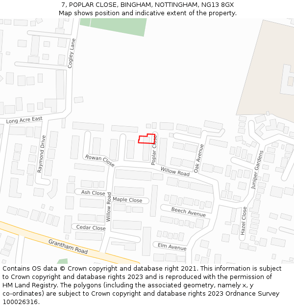 7, POPLAR CLOSE, BINGHAM, NOTTINGHAM, NG13 8GX: Location map and indicative extent of plot