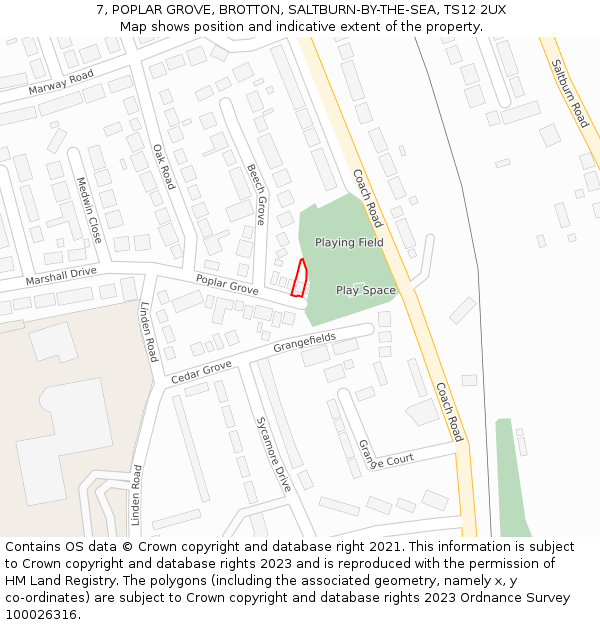 7, POPLAR GROVE, BROTTON, SALTBURN-BY-THE-SEA, TS12 2UX: Location map and indicative extent of plot