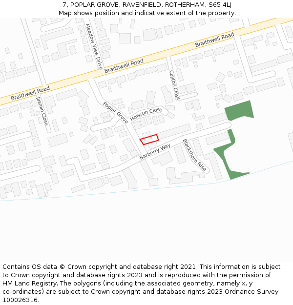 7, POPLAR GROVE, RAVENFIELD, ROTHERHAM, S65 4LJ: Location map and indicative extent of plot