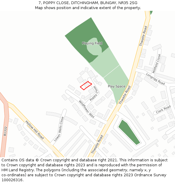 7, POPPY CLOSE, DITCHINGHAM, BUNGAY, NR35 2SG: Location map and indicative extent of plot