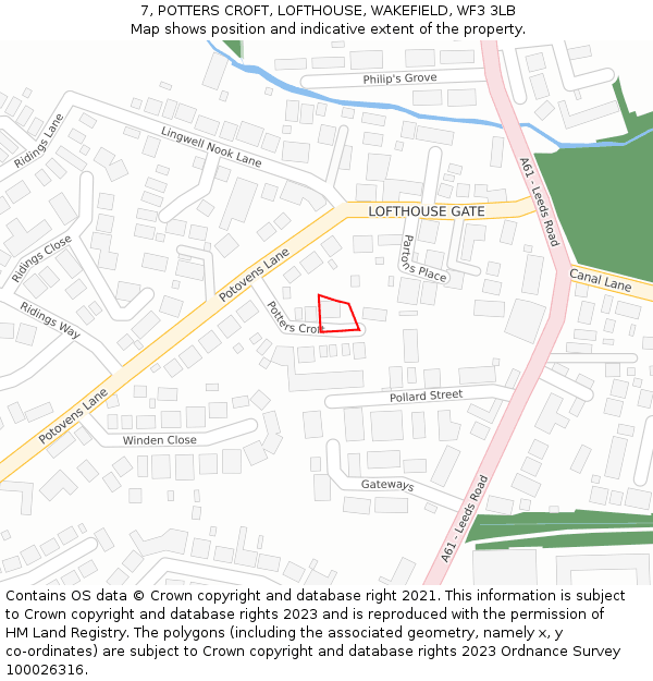 7, POTTERS CROFT, LOFTHOUSE, WAKEFIELD, WF3 3LB: Location map and indicative extent of plot