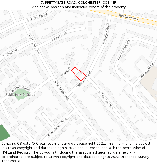 7, PRETTYGATE ROAD, COLCHESTER, CO3 4EF: Location map and indicative extent of plot