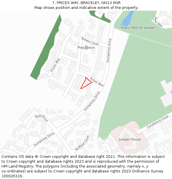 7, PRICES WAY, BRACKLEY, NN13 6NR: Location map and indicative extent of plot