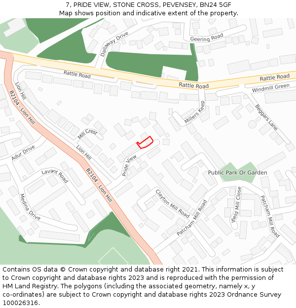 7, PRIDE VIEW, STONE CROSS, PEVENSEY, BN24 5GF: Location map and indicative extent of plot