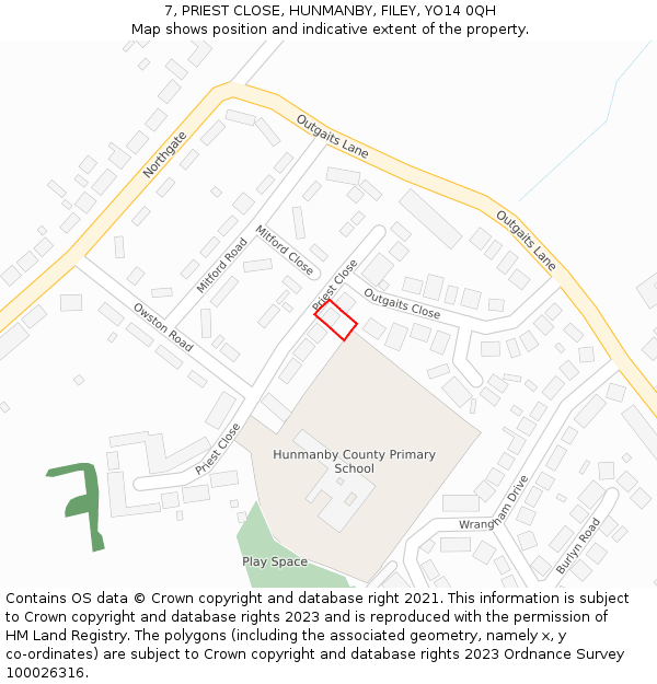 7, PRIEST CLOSE, HUNMANBY, FILEY, YO14 0QH: Location map and indicative extent of plot