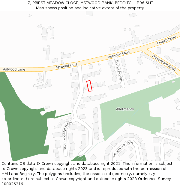 7, PRIEST MEADOW CLOSE, ASTWOOD BANK, REDDITCH, B96 6HT: Location map and indicative extent of plot