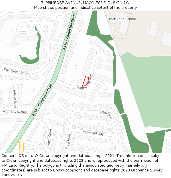 7, PRIMROSE AVENUE, MACCLESFIELD, SK11 7YU: Location map and indicative extent of plot