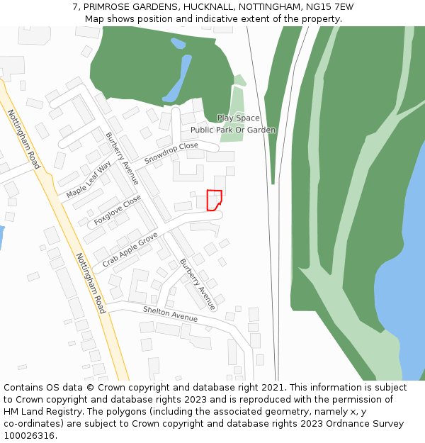 7, PRIMROSE GARDENS, HUCKNALL, NOTTINGHAM, NG15 7EW: Location map and indicative extent of plot