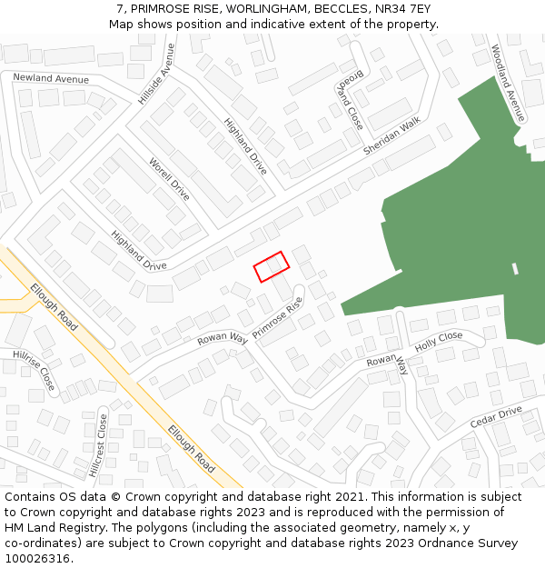 7, PRIMROSE RISE, WORLINGHAM, BECCLES, NR34 7EY: Location map and indicative extent of plot