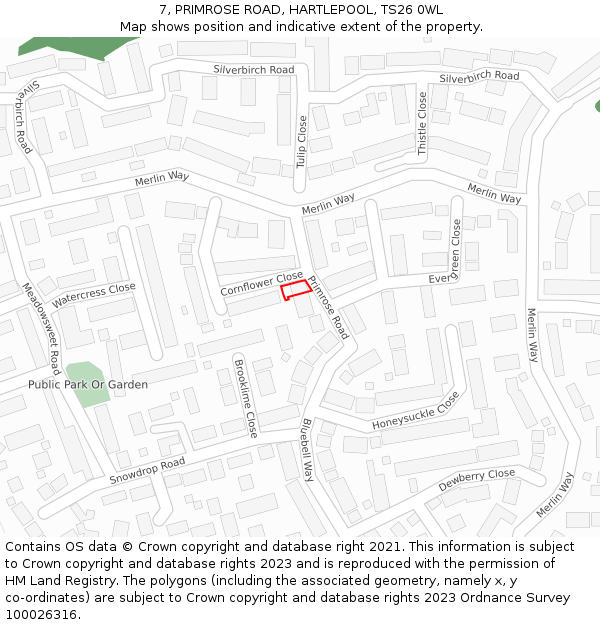 7, PRIMROSE ROAD, HARTLEPOOL, TS26 0WL: Location map and indicative extent of plot